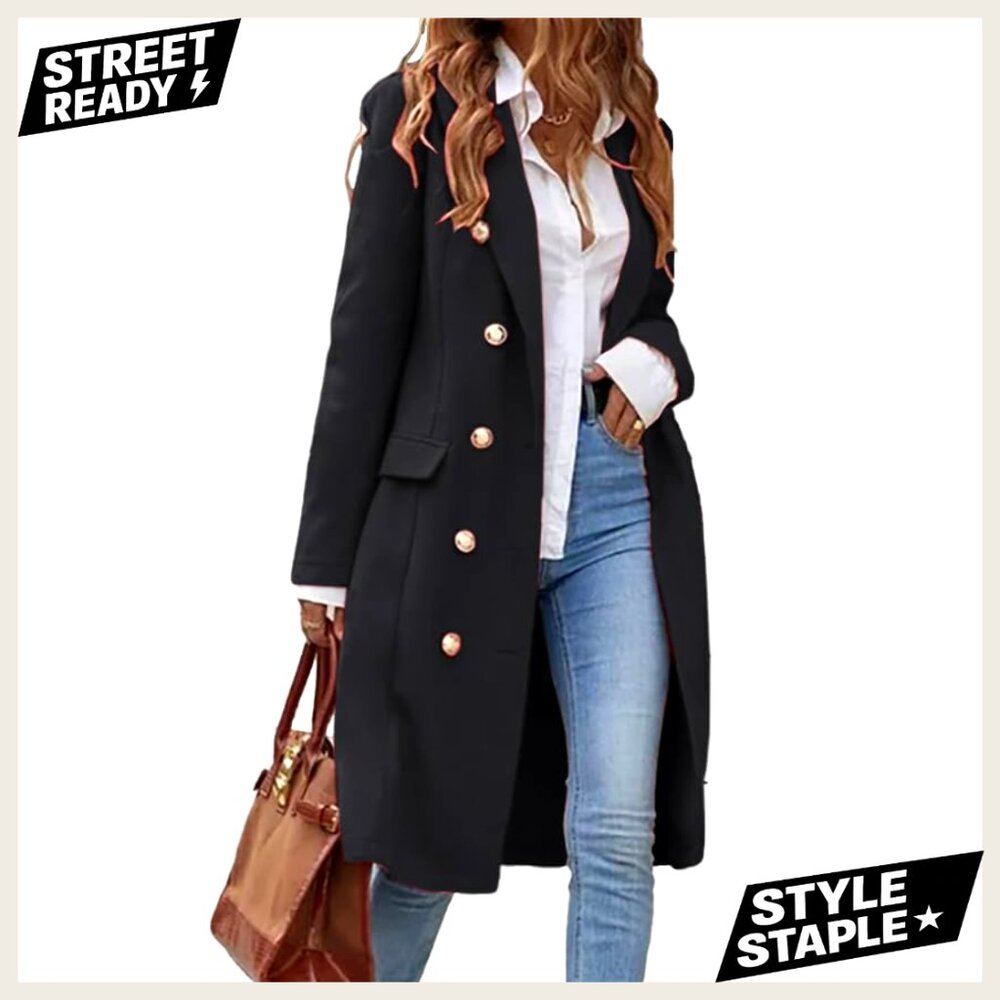 Knee Length Wool Blend Pea Coat with Notch Collar Double Breasted